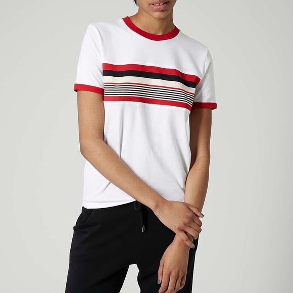 white t shirt with red stripes